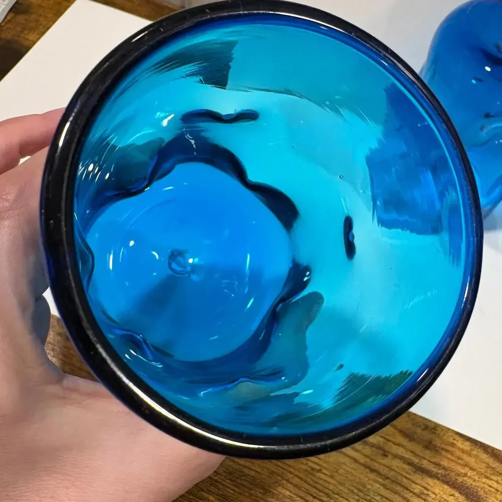 Set of 3 Blenko Tumbler Drinking Glasses Turquoise Blue Pinched Dimpled 4.5 Inch
